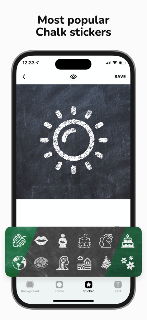 Highlight Cover: StoryLight - Smartphone screen displaying chalk style stickers for customizing Instagram highlight covers in the StoryLight app