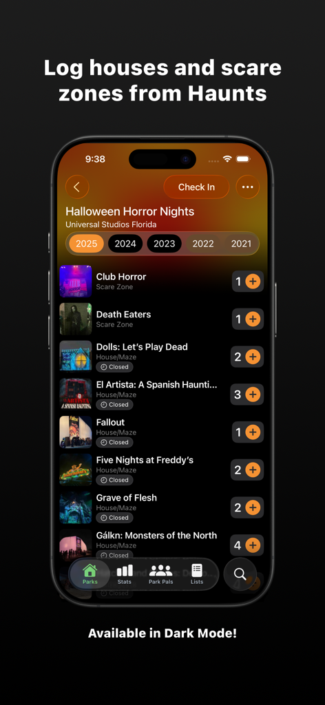 Interfaz de la aplicación LogRide que muestra una lista de casas embrujadas y zonas de miedo de Halloween Horror Nights para seguir en modo oscuro