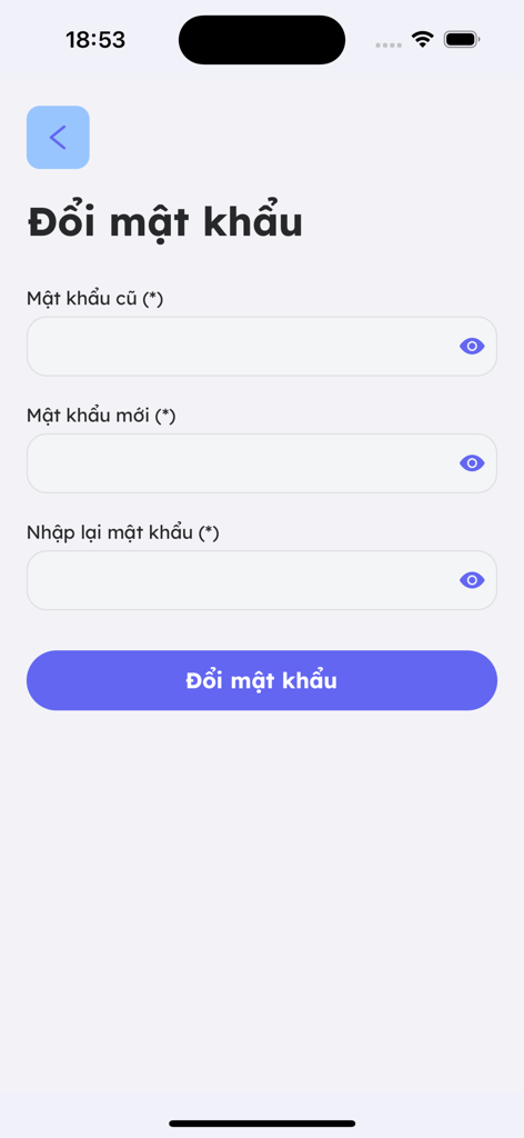 FruitAI - FruitAI app user interface for changing the account password featuring fields for old password, new password, and password confirmation.