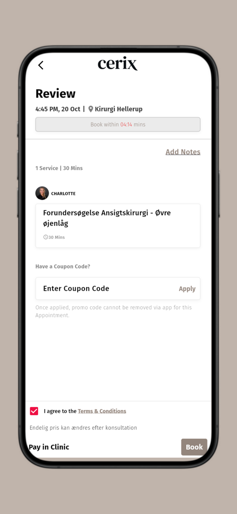 CeriX - Pantalla de revisión de reserva para un tratamiento estético médico en la aplicación CeriX.