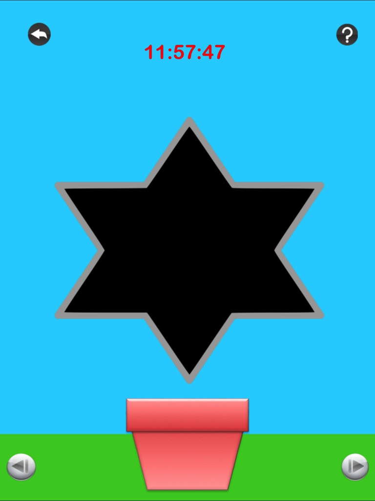 A star shape matching activity for kids featuring a large star outline above a pink flower pot on a blue and green background.