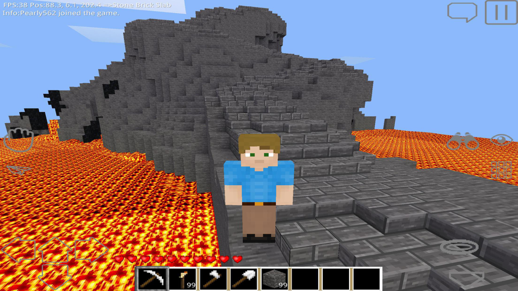 FreeCraft Survival Pocket Edition - Character standing on stone stairs above lava in FreeCraft Survival Pocket Edition
