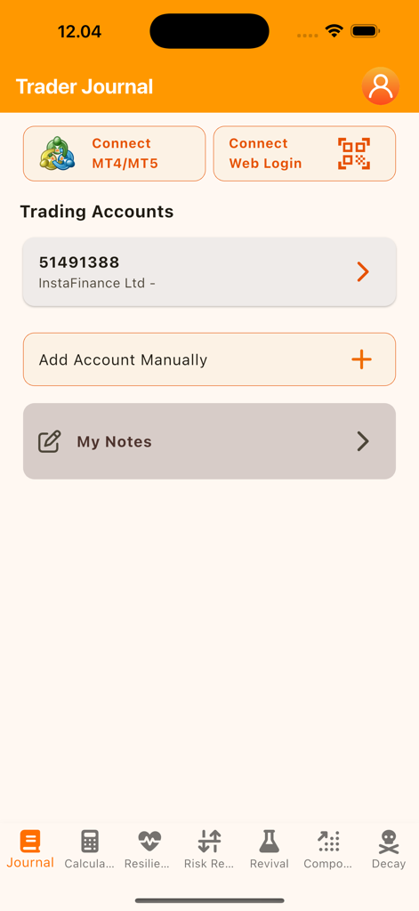 Mobile Oberfläche der Trader Journal App, die MT4- und MT5-Konto-Verbindungsoptionen anzeigt