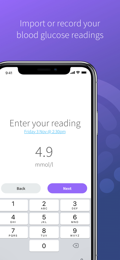 Interface para inserir leituras de glicose no sangue no aplicativo GDm-Health