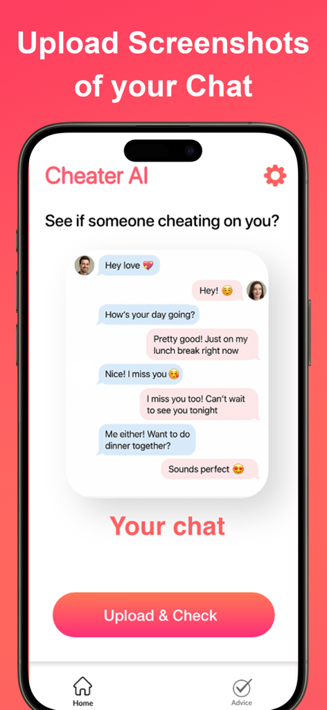 Cheater AI - Catch a Cheater - 浮気を検出するためにチャットのスクリーンショットをアップロードするためのCheater AIアプリのインターフェース