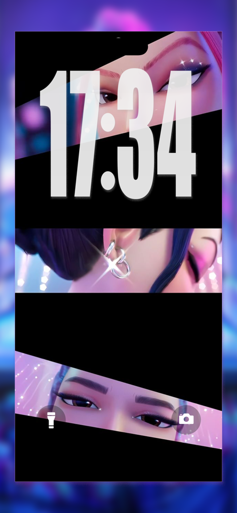 Pantalla de bloqueo con un fondo de pantalla de collage estilizado de personajes de anime K-pop.