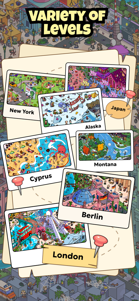 Una raccolta di anteprime di livelli a tema viaggio dal gioco Hidden Objects The Journey con località come New York, Giappone e Londra