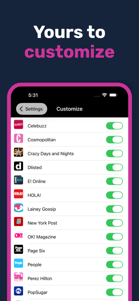 Gossip Bucket Celebrity News - Interface of Gossip Bucket app showing the customize screen with toggles for various celebrity news sources like People and E Online
