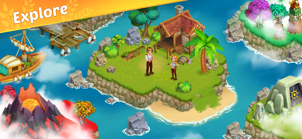 Dreamy Harvest: Farm Island - Isometric view of characters on a tropical island with a volcano and ancient ruins in Dreamy Harvest.