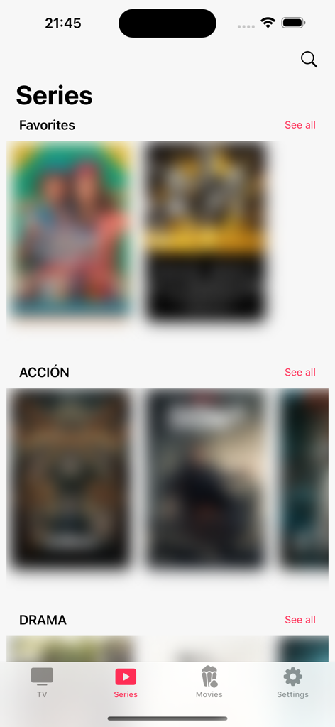 DC Player - DC Player app interface showing the series library section with categories for favorites, action, and drama.