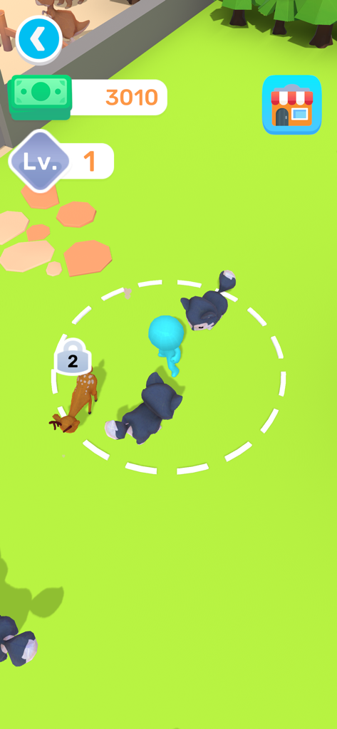Capture d'écran du gameplay de Cuttie Pet Shop montrant un personnage entouré de chats et d'un cerf sur un champ vert