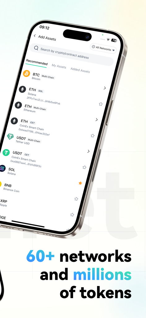 CoinEx Wallet - Crypto & DeFi - Interfaz de la aplicación CoinEx Wallet mostrando la pantalla Agregar Activos con soporte para más de sesenta redes y millones de tokens.