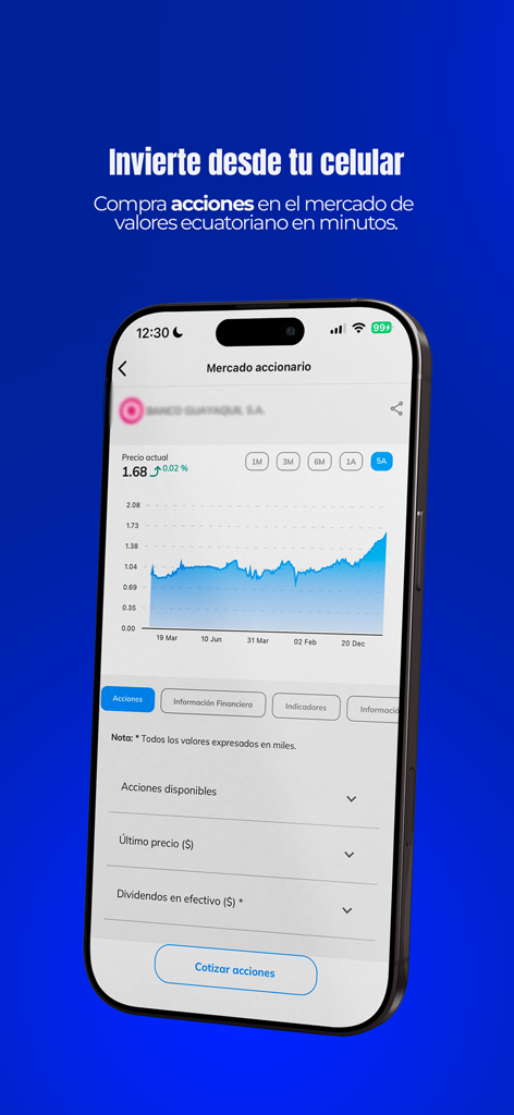 Portafolio Futuro - 에콰도르 시장 주가 차트를 표시하는 Portafolio Futuro 앱의 모바일 인터페이스.