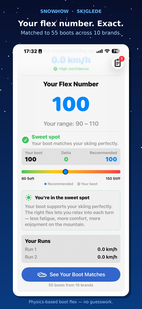 Skiglede: Ski Boot Flex Finder - Ein Screenshot der Skiglede-App, der eine berechnete Skischuh-Flex-Zahl von 100 zeigt, was auf eine perfekte, passende Einstellung für die Skileistung des Benutzers hindeutet.