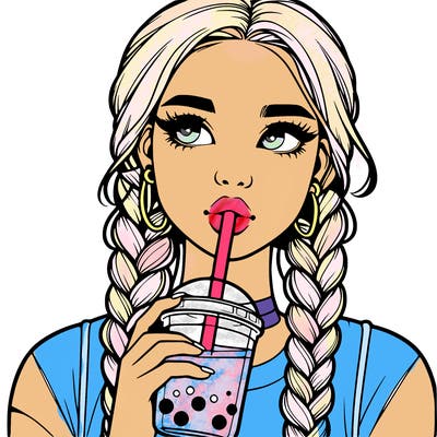realistic girl with braided hair drinking boba