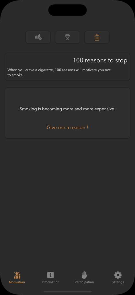 Quit Smoking --~ Smoke Free - Pantalla de motivación de la aplicación para dejar de fumar que muestra razones para dejar de fumar centrándose en el ahorro financiero.