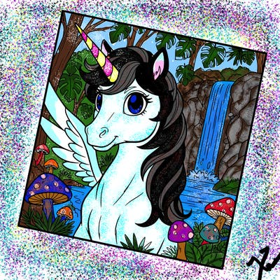 unicorn with wings in a mythical forest with waterfall , tropical leaves, mushrooms