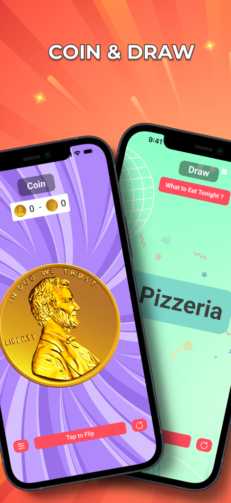 Spin The Wheel - Number Picker - Mobile app interface showing a virtual coin flip and a random draw tool for making decisions.