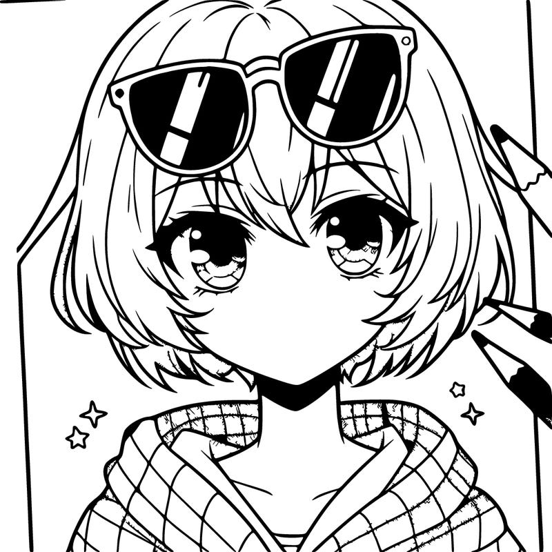 anime girl with short hair wearing sunglasses