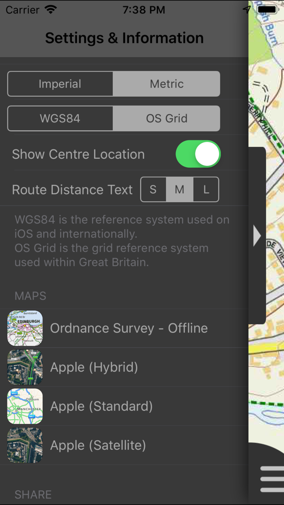 Northumberland Maps Offline - Settings and information screen of the Northumberland Maps Offline app displaying unit and coordinate system options.