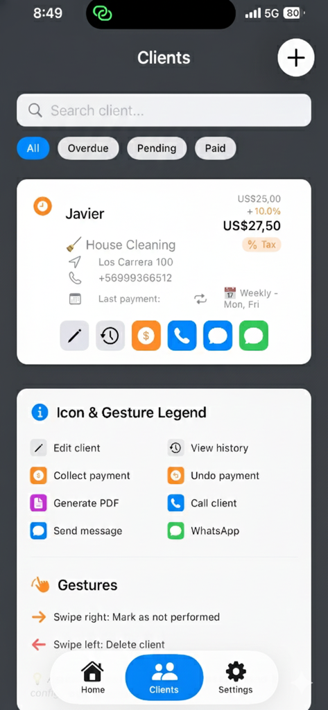 ClientPay: Client Billing App - ClientPay app interface showing a detailed client profile for house cleaning with payment status and action icons
