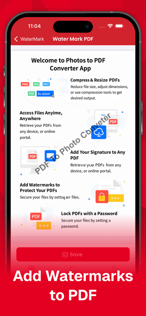 Interface of Photos to PDF Converter App showing the add watermarks to PDF feature and other utility tools