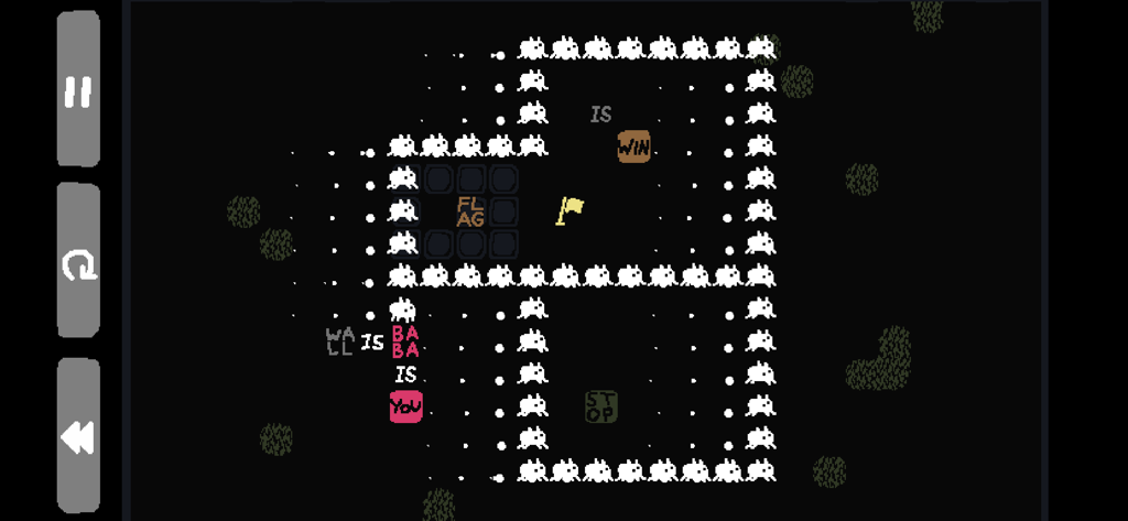 Baba Is You - A level in the puzzle game Baba Is You showing rule-breaking logic mechanics with character and word blocks.