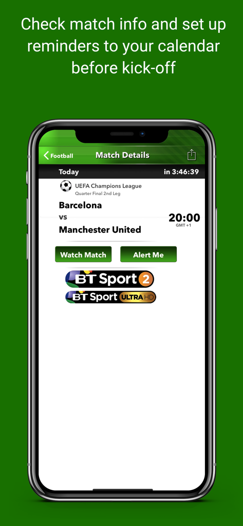 WherestheMatch - Pantalla de la aplicación WherestheMatch que muestra los detalles del partido de la Liga de Campeones para Barcelona vs Manchester United con información de transmisión de BT Sport y opciones de recordatorio.