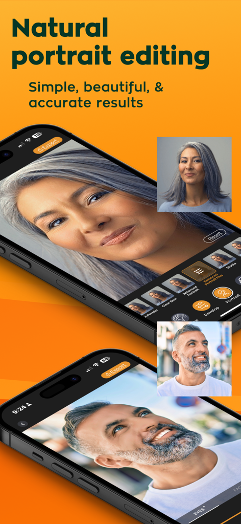 Radiant: AI Photo&Video Editor - Radiant AI photo editor app interface showing natural portrait retouching results on a woman and a man