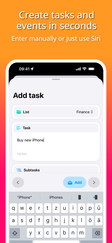 Interface of Planny X app showing how to add a task manually or using Siri on iPhone