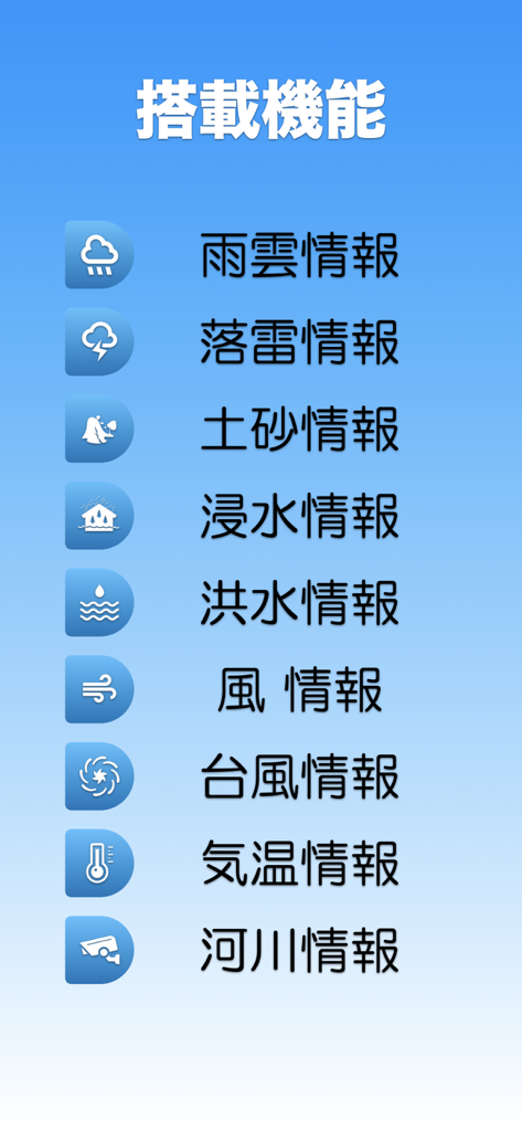 雨雲レーダー+ - A list of meteorological and disaster information features available in the app including rain cloud radar lightning landslides floods wind typhoons and river cameras