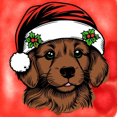 realistic dog wearing a santa hat