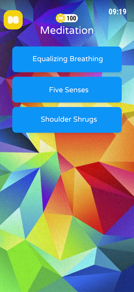 Daily Buddy - Una pantalla de meditación dentro de la aplicación Daily Buddy con botones para ejercicios de igualación de respiración, los cinco sentidos y encogimiento de hombros.