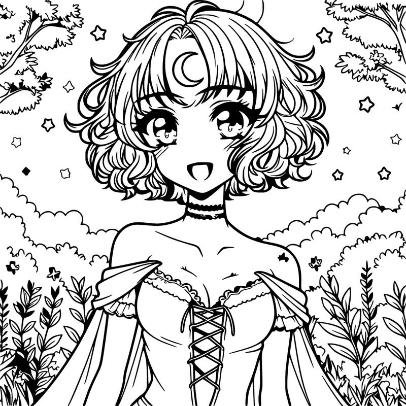 anime female vampire, short curly hair, crescent moon tattoo on forehead, in nature
