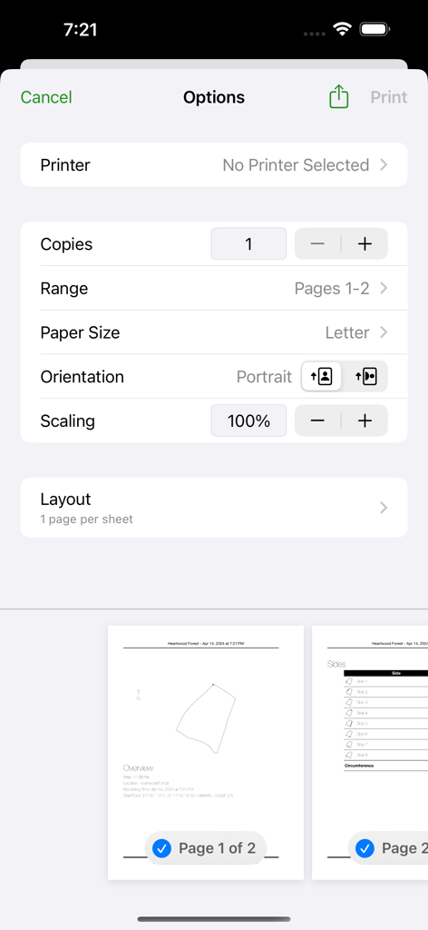 Pantalla de la aplicación que muestra opciones de impresión y una vista previa del informe de un área de terreno medida
