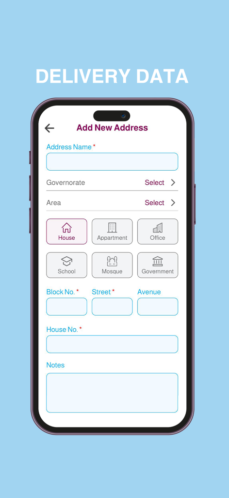 Add new delivery address screen in the Adhari Kuwait water app showing fields for address details and location type selection