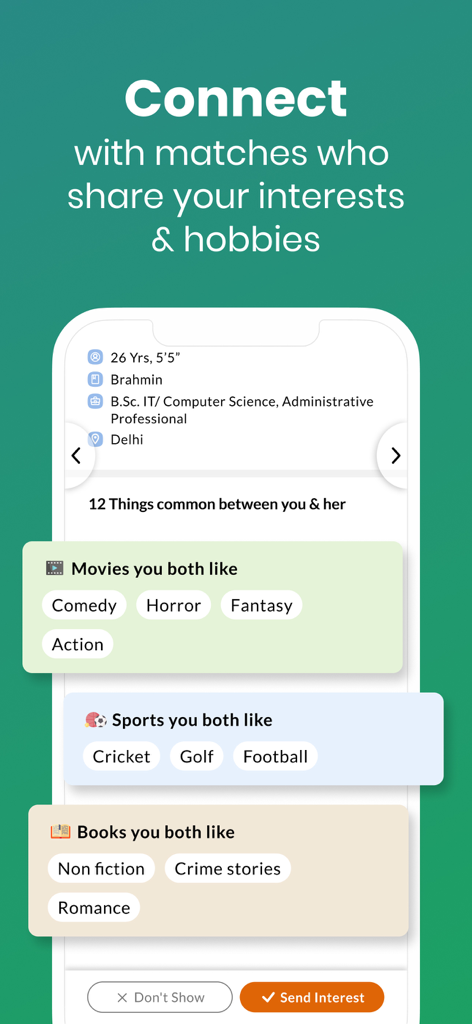 Kerala Matrimony - Wedding App - Kerala Matrimony app interface showing shared interests in movies sports and books between potential matches