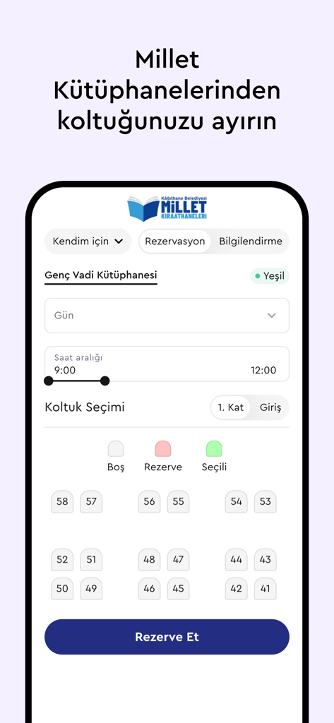 Kalbimiz Kağıthane - Library seat reservation interface in the Kalbimiz Kagithane mobile app showing seat selection and time slots