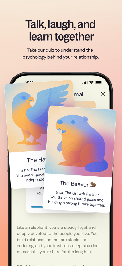 Ember: AI Relationship Coach - Ember app screen showing Love Animals relationship quiz with Hawk and Beaver cards