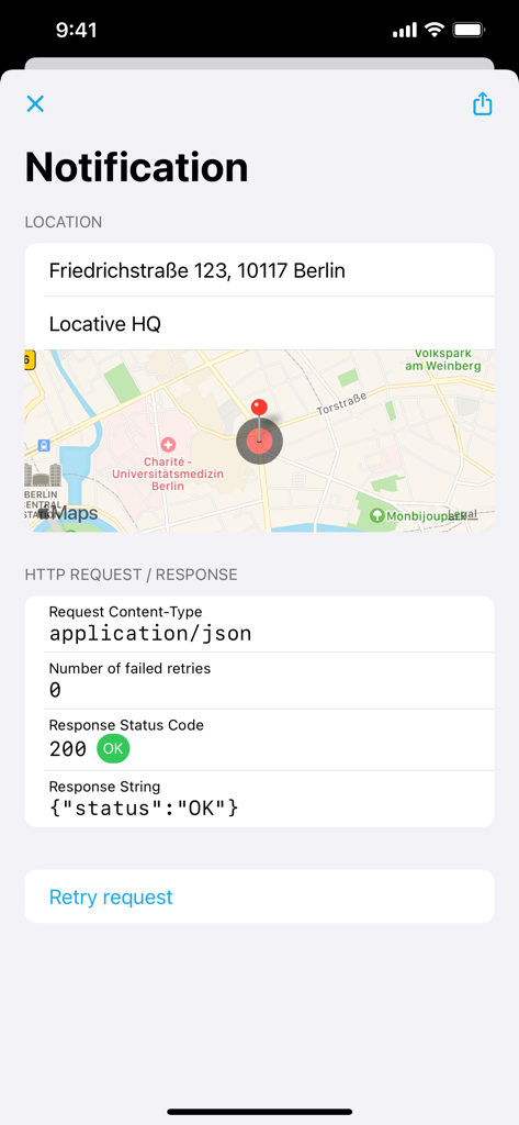 Locative: Geofence and Beacon - Locative app notification screen showing a geofence trigger with map and HTTP response status code.