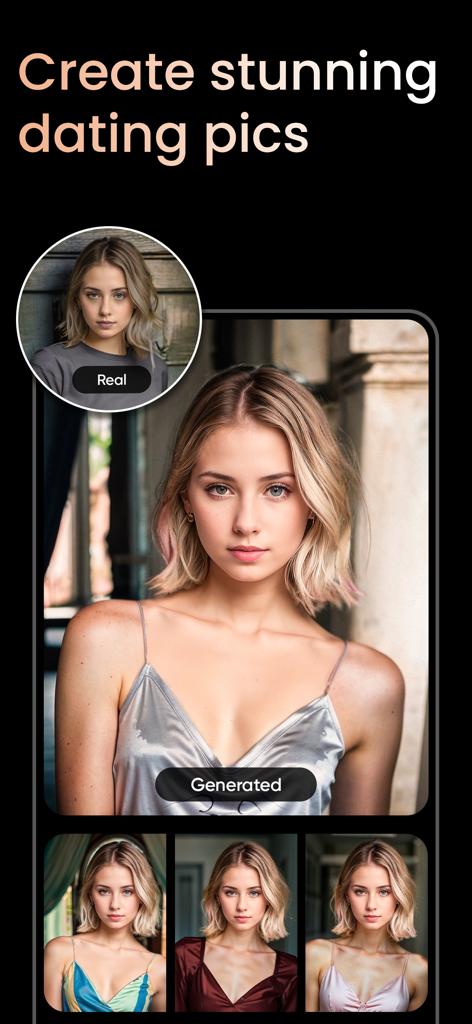 PhotoTune: AI Photo Enhancer - Una comparación entre una foto real y varias fotos profesionales generadas por IA para perfiles de citas