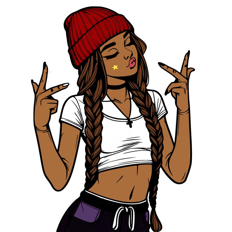 realistic teenage girl with braids and a beanie and crop top doing 🫶🏼