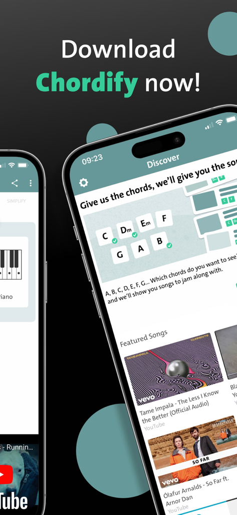 Smartphone que muestra la página de descubrimiento de la aplicación Chordify con opciones de acordes y canciones destacadas como Tame Impala