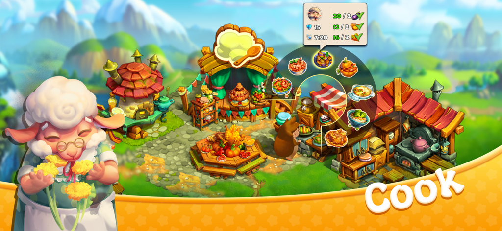 Hedgies - Eine gemütliche Szene aus dem Hedgies-Spiel, die einen Schaf-Charakter und einen Kochstand mit verschiedenen Lebensmittelrezepten zeigt.