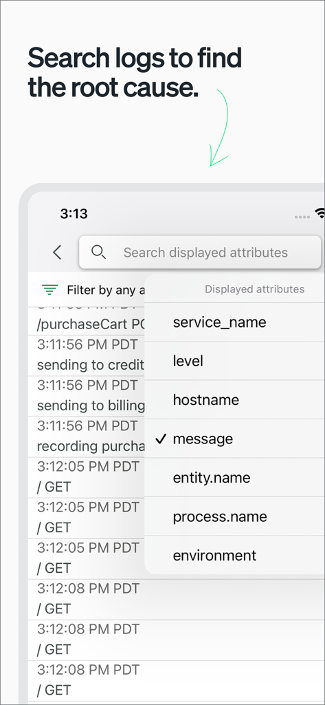 Interface do aplicativo móvel New Relic mostrando busca de logs e filtragem por atributos como nome do serviço e nome do host.