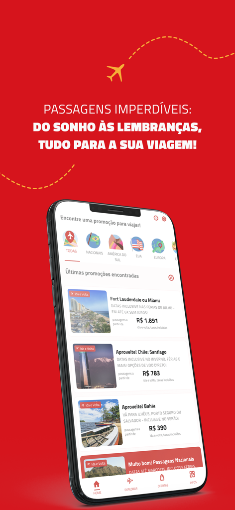 Interface do aplicativo móvel Passagens Imperdíveis exibindo várias ofertas de voos e promoções de viagem em um smartphone.