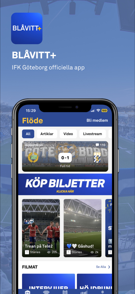 Blåvitt+ - Official Blåvitt plus app home feed featuring IFK Göteborg match results and ticket information