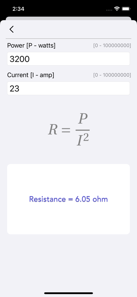 Ohm Law Calculator - Pantalla de la Calculadora Ley de Ohm mostrando la resistencia calculada a partir de valores de potencia y corriente