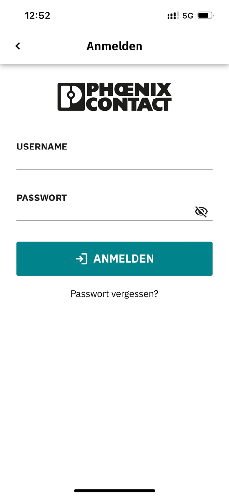 PHOENIX CONTACT Events - Anmeldebildschirm der PHOENIX CONTACT Events App mit Feldern für Benutzername und Passwort sowie einer Anmeldeschaltfläche.