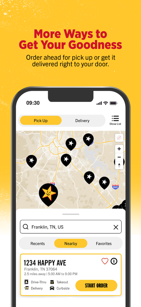 Hardee's Mobile Ordering - Hardees mobile app interface displaying a map of nearby restaurant locations for ordering